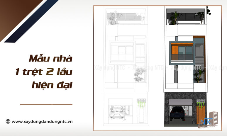 Mẫu nhà 1 trệt 2 lầu hiện đại có gara ô tô.